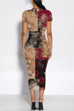 Dark Gray Butterfly Floral Print O Neck Short Sleeve Casual Bodycon Midi T-shirt Dress