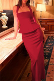 Red Backless Sleeveless Halter Tops And Maxi Skirt Formal Evening Party Prom Two Pieces Dress Sets