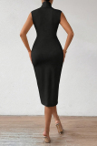 Black Sleeveless V Neck Formal Evening Party Ruched Bodycon Midi Dresses
