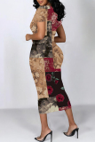 Dark Gray Butterfly Floral Print O Neck Short Sleeve Casual Bodycon Midi T-shirt Dress