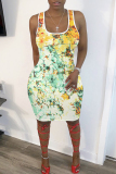 Brown Graphics Print Sleeveless U Neck Casual Outing Plus Size Bodycon Midi Vest Dresses