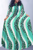 Orange Leopard Striped Print O Neck Long Sleeve Belt Loose Vacation A Line Maxi Swing Dresses