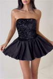 Black Sequins Backless Strapless Sleeveless Formal Evening Party Prom Pleated Tube Mini Dresses