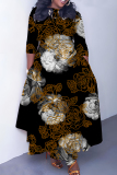 Blue Graphics Print O Neck 3/4 Sleeve Belted Pockets Long Vacation Casual Pleated A Line Maxi Dresses