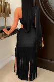 Glod Oblique Collar Sleeveless Backless One-Shoulder Fringed Hem Formal Evening Party Prom Maxi Dresses