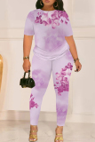 Lake Blue Graphics Print O Neck Short Sleeve T-shirt And Skinny Pants Casual Two Pieces Trouser Sets
