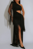 Glod Oblique Collar Sleeveless Backless One-Shoulder Fringed Hem Formal Evening Party Prom Maxi Dresses