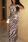 Zebra Print Sleeveless Backless Cross Straps Spaghetti Strap Vacation Bodycon Maxi Dresses