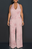 Light Pink Floral Print Lace Up Sleeveless Backless Loose Straight Leg Halter Jumpsuits