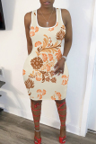 Brown Graphics Print Sleeveless U Neck Casual Outing Plus Size Bodycon Midi Vest Dresses