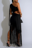 Glod Oblique Collar Sleeveless Backless One-Shoulder Fringed Hem Formal Evening Party Prom Maxi Dresses