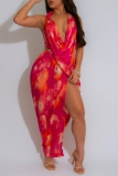 Pink Tie Dye Print Sleeveless Backless Beads Halter Overlap Vacation Beach Outings Midi Dresses