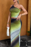 Green Gradient Print Backless Sleeveless Oblique Collar Crop Tops And Maxi Skirt Night Club Two Pieces Dress Sets (Without  Waist Chain)