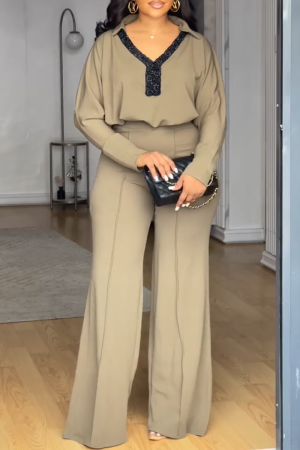Khaki V Neck Long Sleeve Tops And Wide Leg Pants Casual Formal Office Lady Two Pieces Trouser Sets