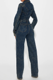 Dark Blue Turndown Collar Long Sleeve High Waist Buttons Casual Straight Leg Denim Jumpsuits