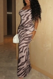 Zebra Print Sleeveless Backless Cross Straps Spaghetti Strap Vacation Bodycon Maxi Dresses