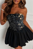 Black Sequins Backless Strapless Sleeveless Formal Evening Party Prom Pleated Tube Mini Dresses