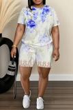 Pastel Green Floral Print Round Neck Short Sleeve T-shirt And Shorts Casual Two Pieces Matching Sets