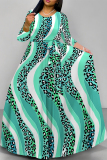 Orange Leopard Striped Print O Neck Long Sleeve Belt Loose Vacation A Line Maxi Swing Dresses