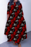 Red Graphics Print O Neck 3/4 Sleeve Belted Pockets Long Vacation Casual Pleated A Line Maxi Dresses