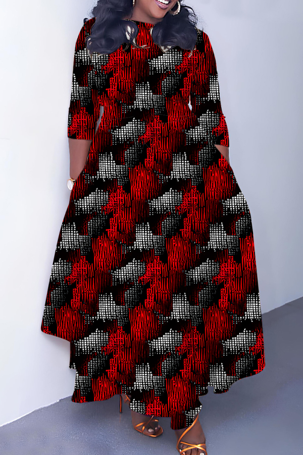 Red Graphics Print O Neck 3/4 Sleeve Belted Pockets Long Vacation Casual Pleated A Line Maxi Dresses
