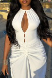 White Sleeveless O Neck with Keyhole Cutouts Ruffle Hem Formal Evening Party Ruched Maxi Dresses