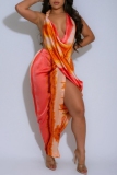 Pink Tie Dye Print Sleeveless Backless Beads Halter Overlap Vacation Beach Outings Midi Dresses