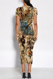 Dark Gray Butterfly Floral Print O Neck Short Sleeve Casual Bodycon Midi T-shirt Dress