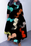 Blue Graphics Print O Neck 3/4 Sleeve Belted Pockets Long Vacation Casual Pleated A Line Maxi Dresses