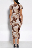 Dark Gray Butterfly Floral Print O Neck Short Sleeve Casual Bodycon Midi T-shirt Dress