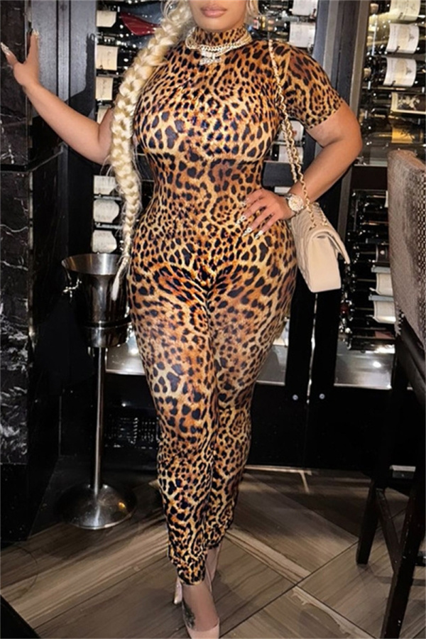Leopard Print Backless Short Sleeve Turtleneck Night Club One Piece Bodysuit Skinny Jumpsuits