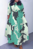 Orange Brown Graphics Print O Neck 3/4 Sleeve Belted Pockets Long Vacation Casual Pleated A Line Maxi Dresses