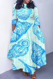 Royal Blue Graphics Print O Neck 3/4 Sleeve Belted Pockets Long Vacation Casual Pleated A Line Maxi Dresses