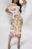 Dark Gray Butterfly Floral Print O Neck Short Sleeve Casual Bodycon Midi T-shirt Dress