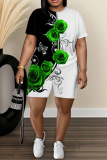 Pastel Green Floral Print Round Neck Short Sleeve T-shirt And Shorts Casual Two Pieces Matching Sets
