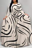 Orange Leopard Striped Print O Neck Long Sleeve Belt Loose Vacation A Line Maxi Swing Dresses