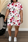 Pastel Green Floral Print Round Neck Short Sleeve T-shirt And Shorts Casual Two Pieces Matching Sets