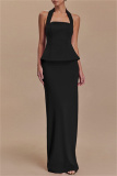 Red Backless Sleeveless Halter Tops And Maxi Skirt Formal Evening Party Prom Two Pieces Dress Sets