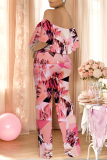 Black Geometric Print Off Shoulder Pocket Flounce Vacation Wide Leg Jumpsuits