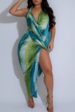Pink Tie Dye Print Sleeveless Backless Beads Halter Overlap Vacation Beach Outings Midi Dresses