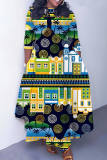 Blue Yellow Graphics Print O Neck 3/4 Sleeve Belted Pockets Long Vacation Casual Pleated A Line Maxi Dresses