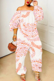 Green Floral Graphics Print Off Shoulder Long Sleeve Casual Vacation Harem Leg Jumpsuits
