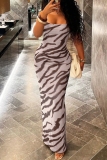 Zebra Print Sleeveless Backless Cross Straps Spaghetti Strap Vacation Bodycon Maxi Dresses