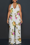 Light Pink Floral Print Lace Up Sleeveless Backless Loose Straight Leg Halter Jumpsuits