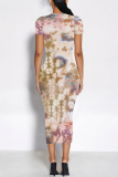 Dark Gray Butterfly Floral Print O Neck Short Sleeve Casual Bodycon Midi T-shirt Dress