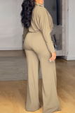 Khaki V Neck Long Sleeve Tops And Wide Leg Pants Casual Formal Office Lady Two Pieces Trouser Sets