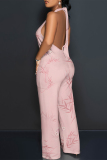 Light Pink Floral Print Lace Up Sleeveless Backless Loose Straight Leg Halter Jumpsuits