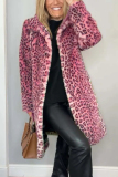 Khaki Casual Leopard Patchwork Fluffy Plush Turndown Collar Long Sleeve Fall Winter Long Cardigan Coats Outerwear