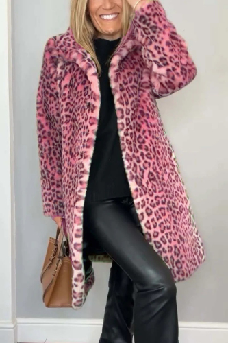 Khaki Casual Leopard Patchwork Fluffy Plush Turndown Collar Long Sleeve Fall Winter Long Cardigan Coats Outerwear