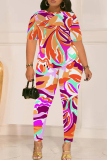 Lake Blue Graphics Print O Neck Short Sleeve T-shirt And Skinny Pants Casual Two Pieces Trouser Sets